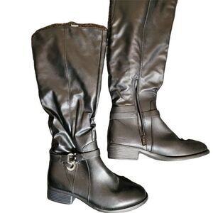 Kohls Womens Black Leather Buckle And Strap Side Zip Thigh High Boots Size 8.5 M